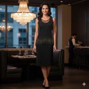 Sam USA Vintage glam beaded fringe black/gold party 2 piece sleeveless dress, S